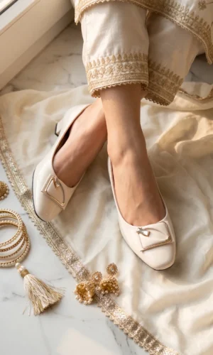 Elegant Beige Embellished Flat Pumps for Women