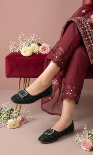 Catwalk Statement Buckle Textured Flat Pump - Premium Women's Footwear