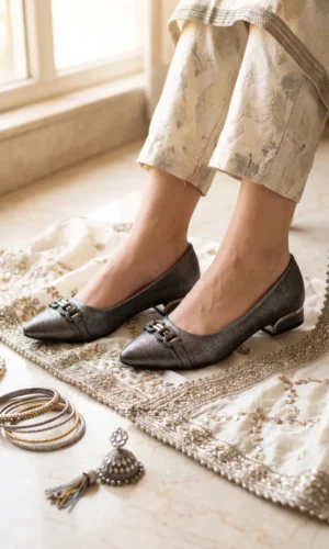 IN STYLE Women's Pointed Toe Pumps with Metallic Embellishment - Premium Low Block Heels