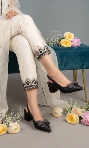 CLASSIC SHOES Women's Pointed Toe Slingback Heels - Rhinestone Bow Block Heels