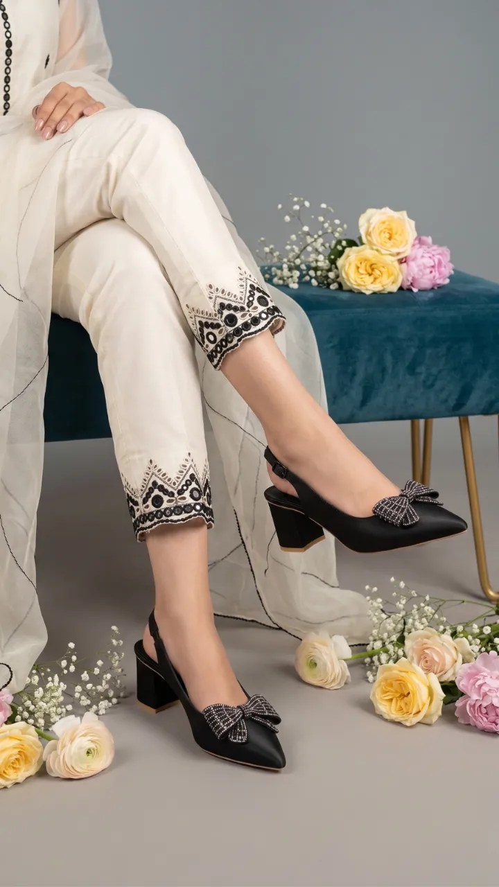 CLASSIC SHOES Women's Pointed Toe Slingback Heels - Rhinestone Bow Block Heels