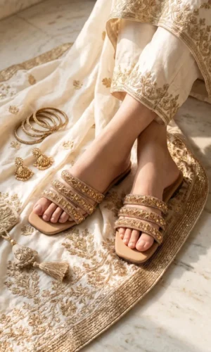 Classic Shoes Embellished Three-Strap Flat Slippers – Premium Women's Footwear