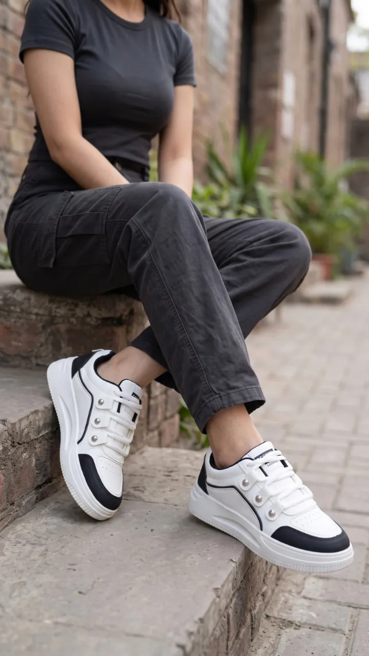 Fashion Women's Stud-Accented Faux-Leather Platform Sneakers – Perforated Toe & Cushioned Walking Shoes