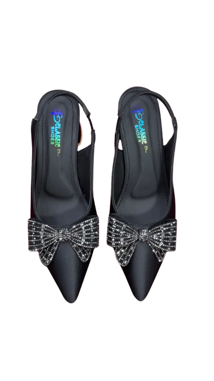 CLASSIC SHOES Women's Pointed Toe Slingback Heels - Rhinestone Bow Block Heels