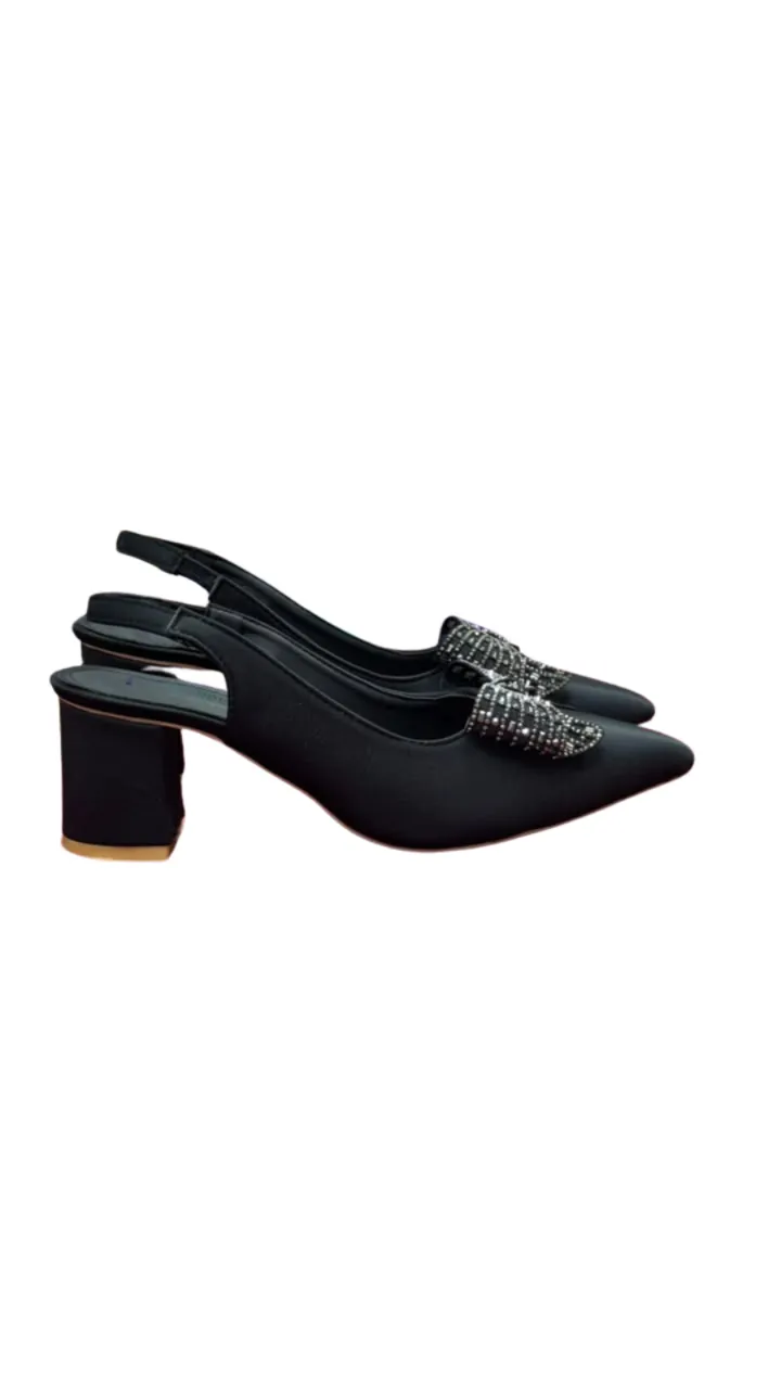 CLASSIC SHOES Women's Pointed Toe Slingback Heels - Rhinestone Bow Block Heels