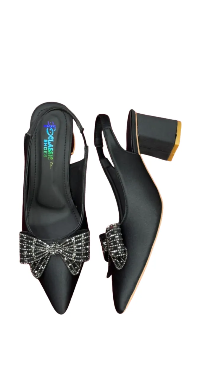 CLASSIC SHOES Women's Pointed Toe Slingback Heels - Rhinestone Bow Block Heels
