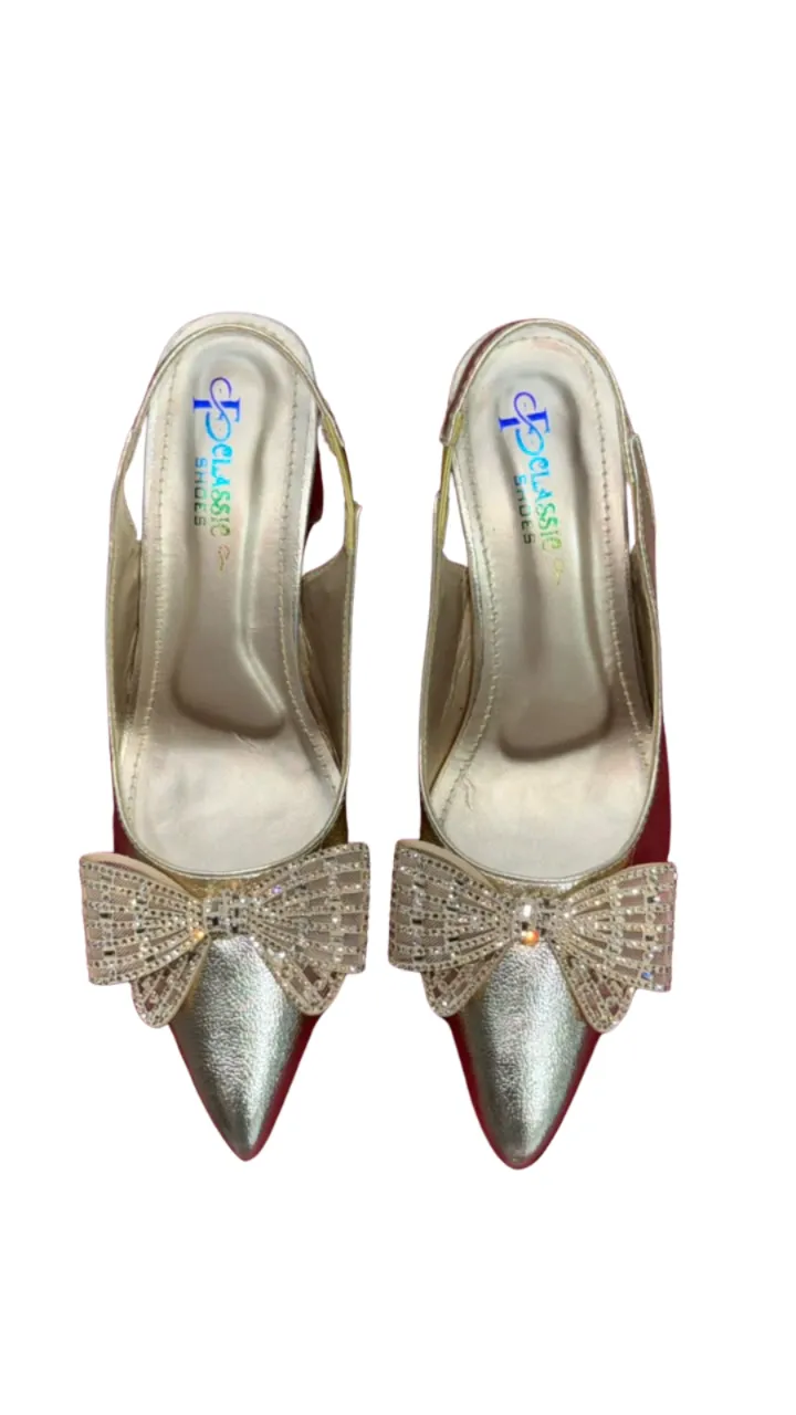 CLASSIC SHOES Women's Pointed Toe Slingback Heels - Rhinestone Bow Block Heels