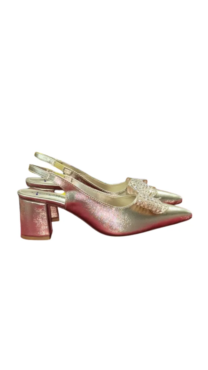 CLASSIC SHOES Women's Pointed Toe Slingback Heels - Rhinestone Bow Block Heels