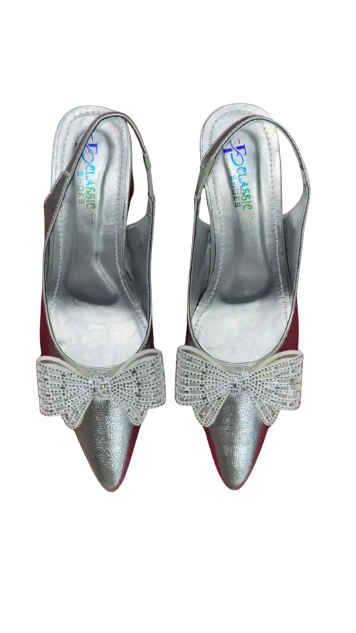 CLASSIC SHOES Women's Pointed Toe Slingback Heels - Rhinestone Bow Block Heels