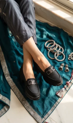 Classy Shoes Womens Chunky Platform Loafers with Metallic Hardware