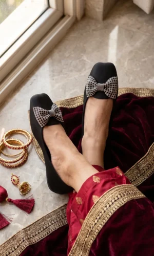 INSTYLE Womens Square Toe Rhinestone Bow Flat Pumps